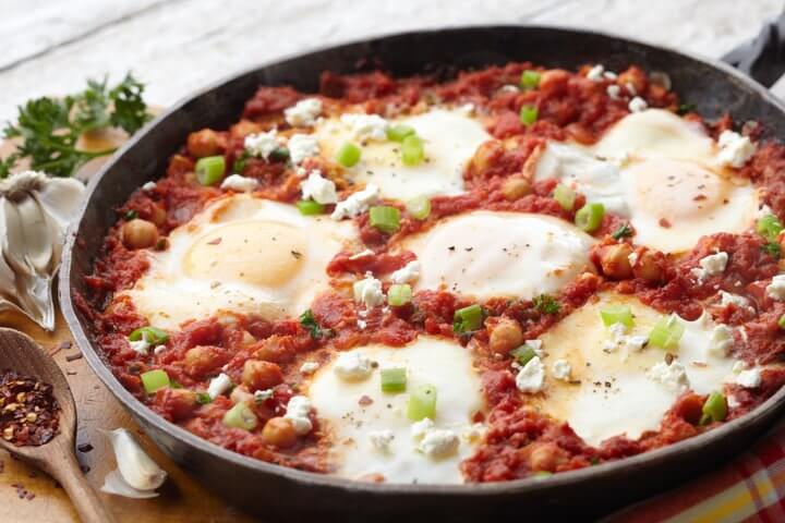 Poached Eggs in Tomato and Garbanzo Skillet