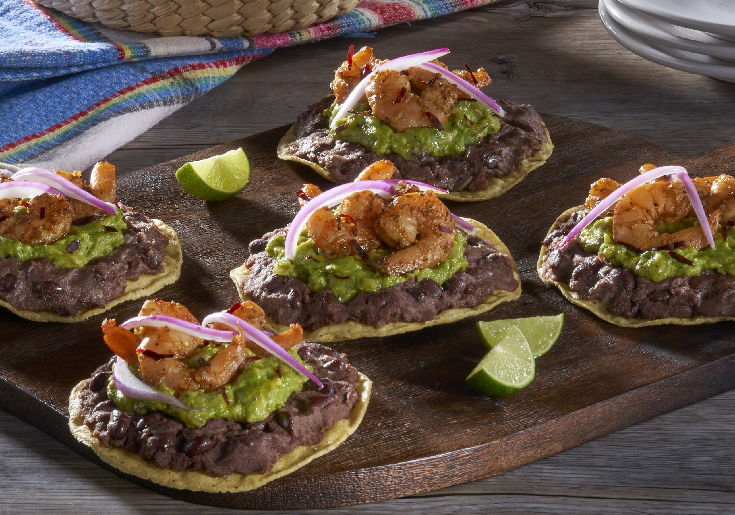 Black Bean Tostadas with Guacamole and Shrimp